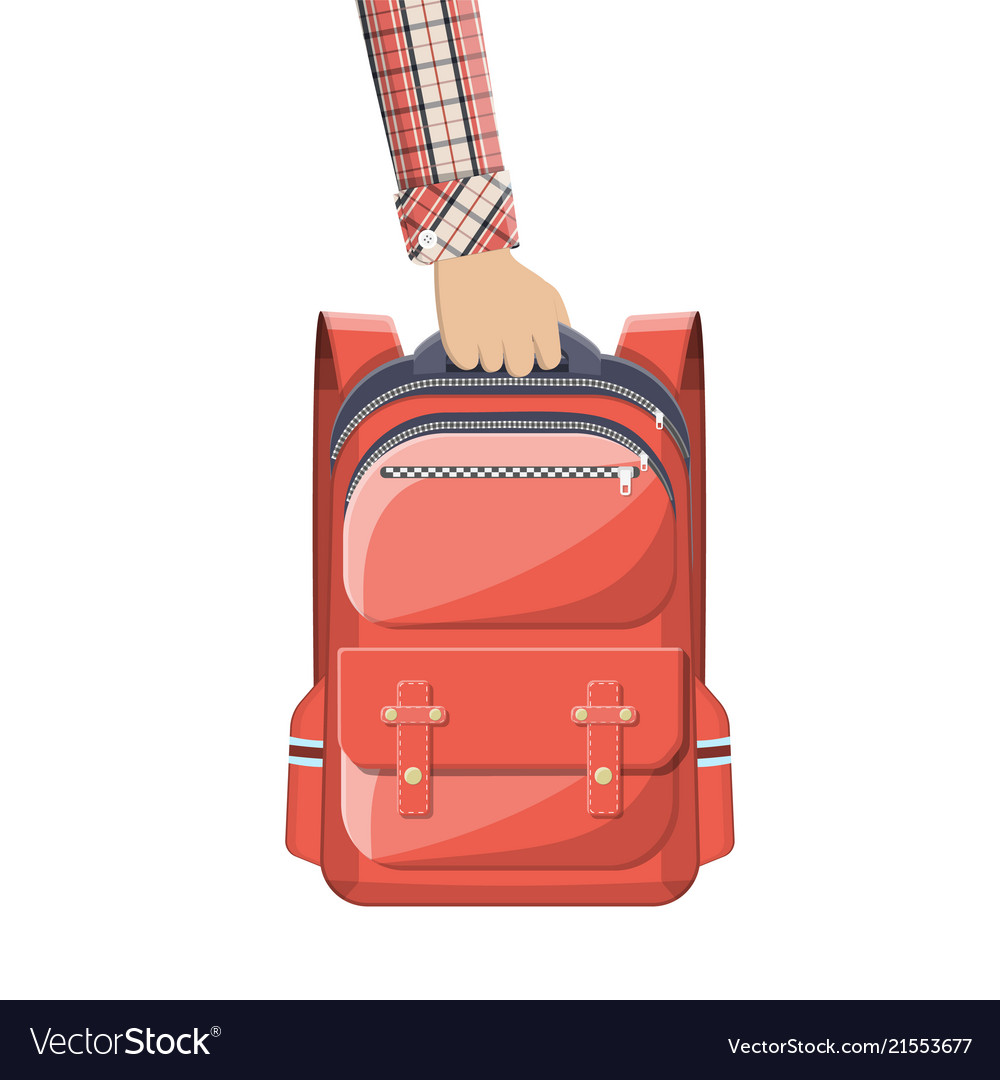 Colorful school backpack in hand