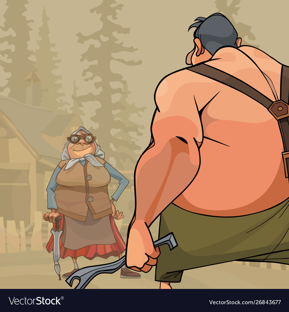 Confrontation cartoonish village grandma against