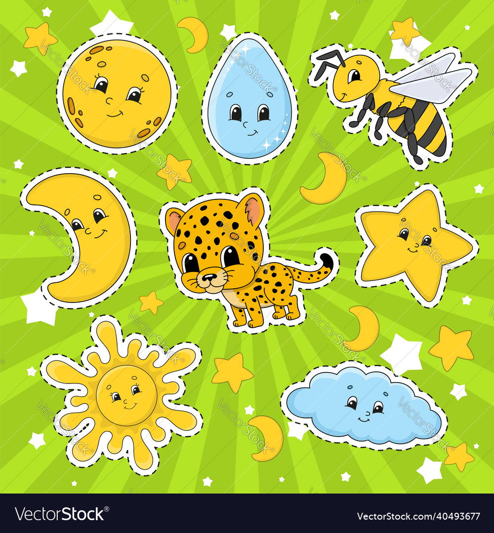 Set of stickers with cute cartoon characters