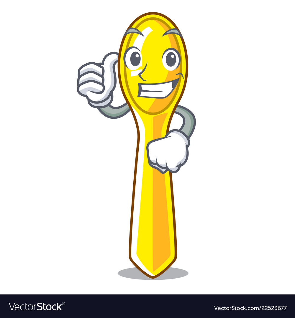 Thumbs up cartoon plastic spoon on dining table Vector Image