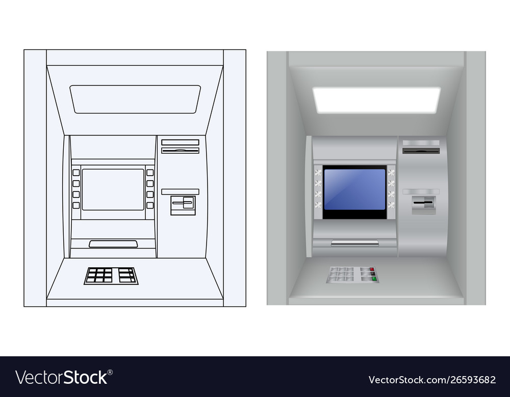 Atm 3d model and outline drawing Royalty Free Vector Image