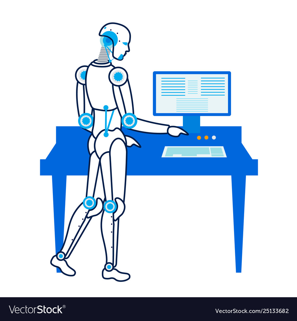Robot works at personal computer flat Royalty Free Vector