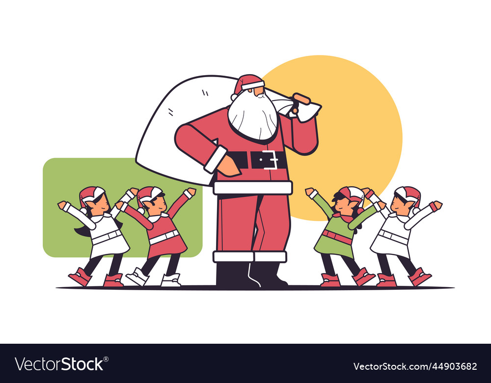 Santa claus standing with mix race elves