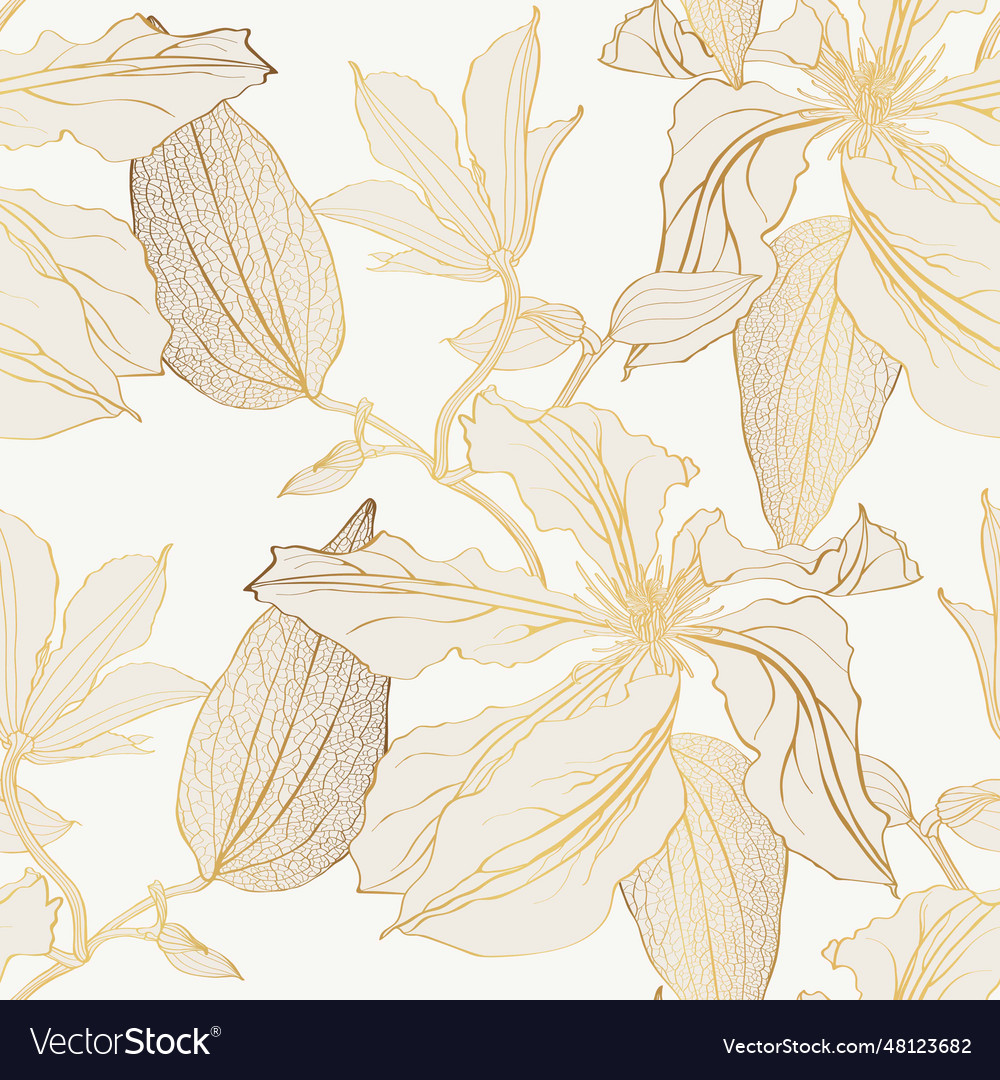 Seamless floral pattern with golden line clematis Vector Image