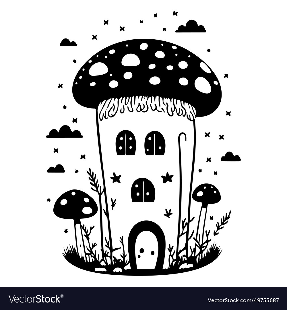 Doodle house mushroom sketch hand draw black Vector Image