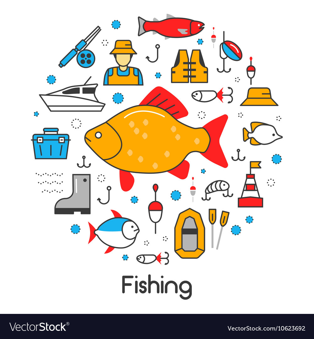 Fishing line art thin icons set