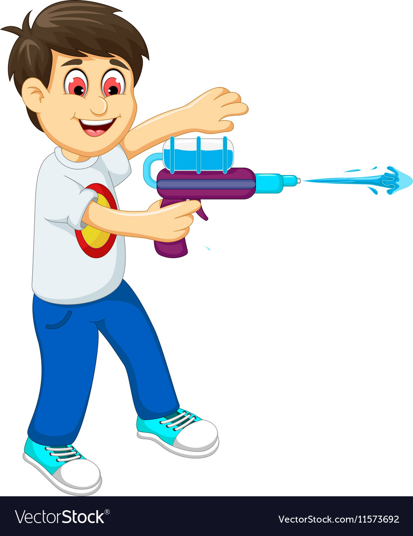 Funny boy cartoon playing water gun Royalty Free Vector