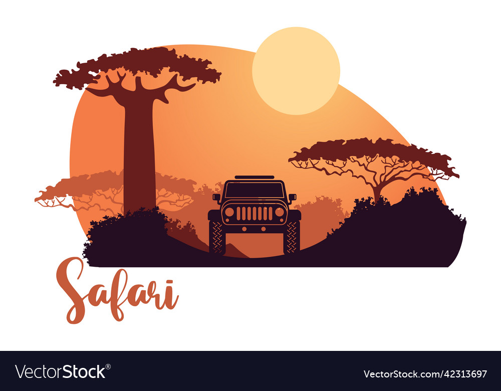 African safari silhouettes with an suv and sunset Vector Image