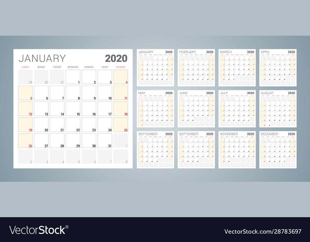 Calendar planner for 2020 year week starts on Vector Image