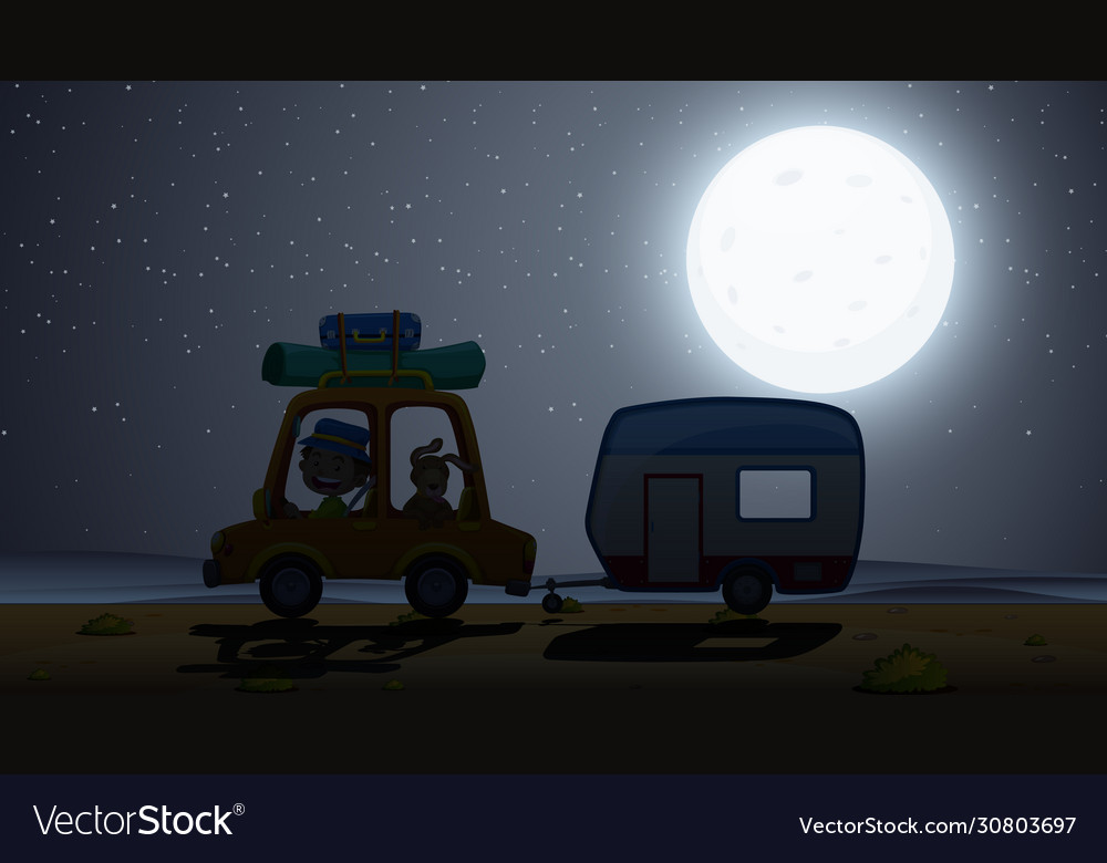 Scene with man driving pet dog at night