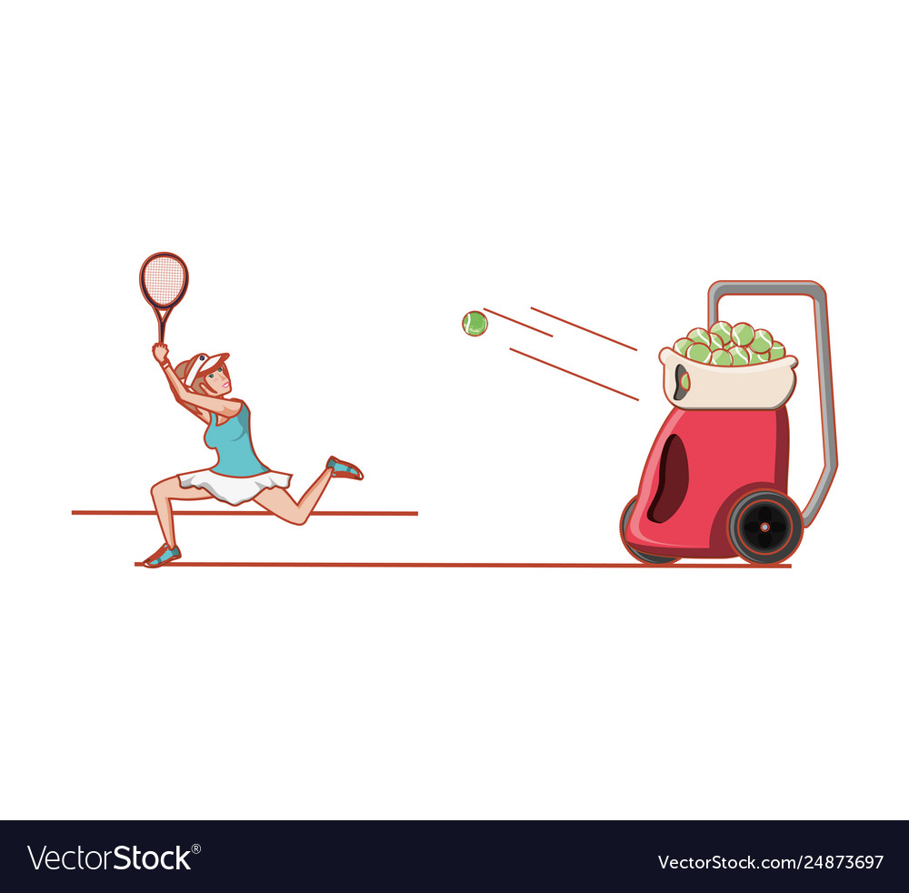 Woman practicing tennis with ball throwing machine