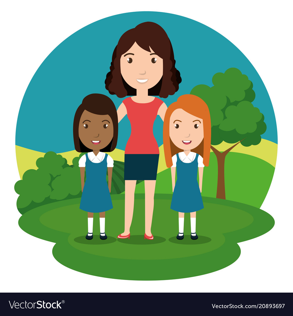 Woman teacher with students in the park Royalty Free Vector