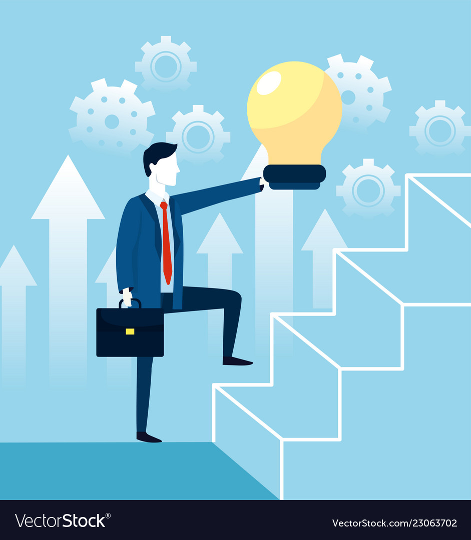 Professional businessman with idea bulb and stairs