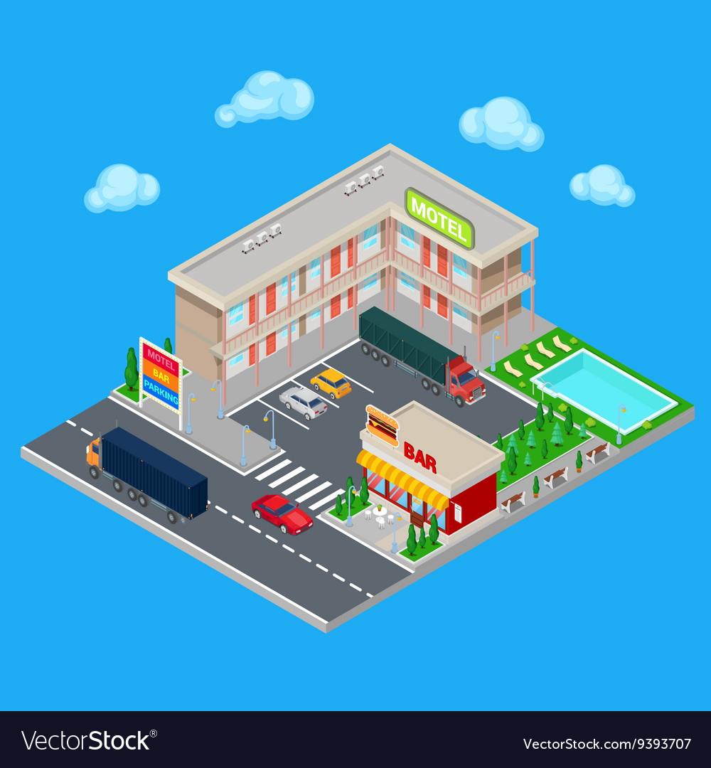 Isometric motel with parking zone and bar