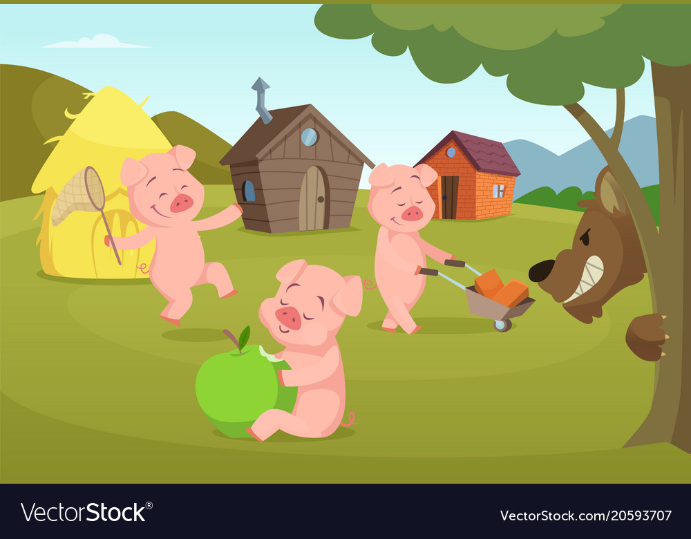 Three little pigs near their small houses and Vector Image