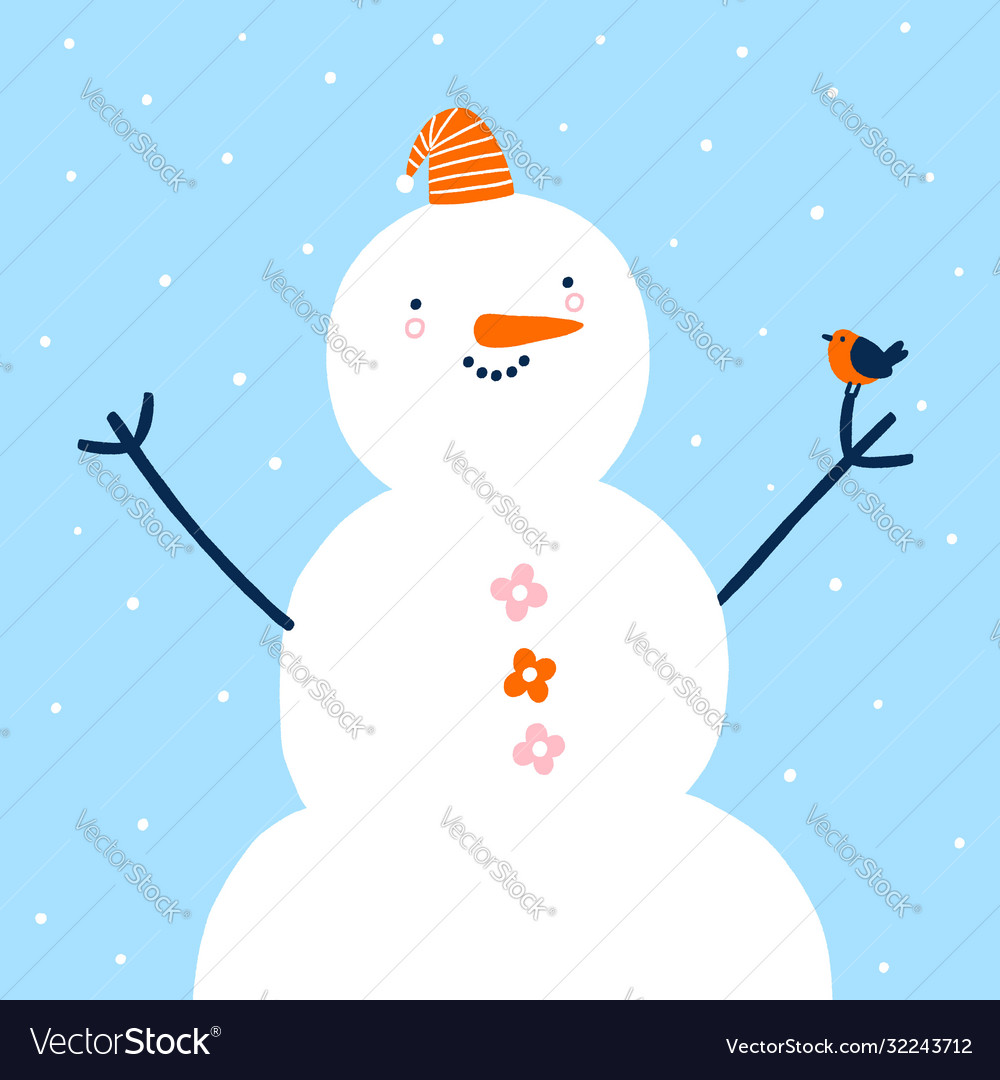 Funny snowman with a cute little bird Royalty Free Vector