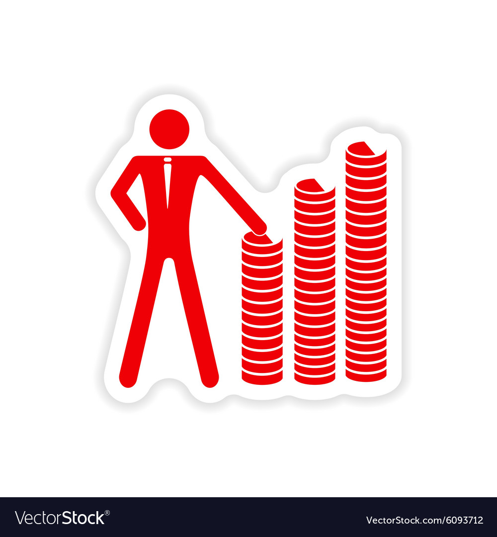 Stylish sticker on paper man and stack of coins