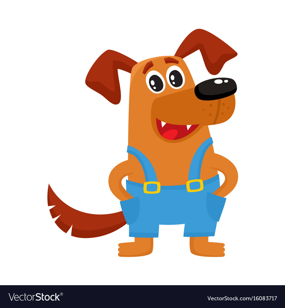 Brown funny dog puppy character in blue overalls