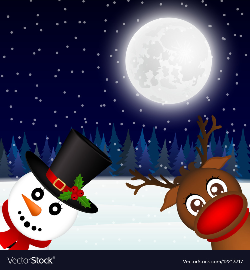 Snowman and reindeer looking in the woods