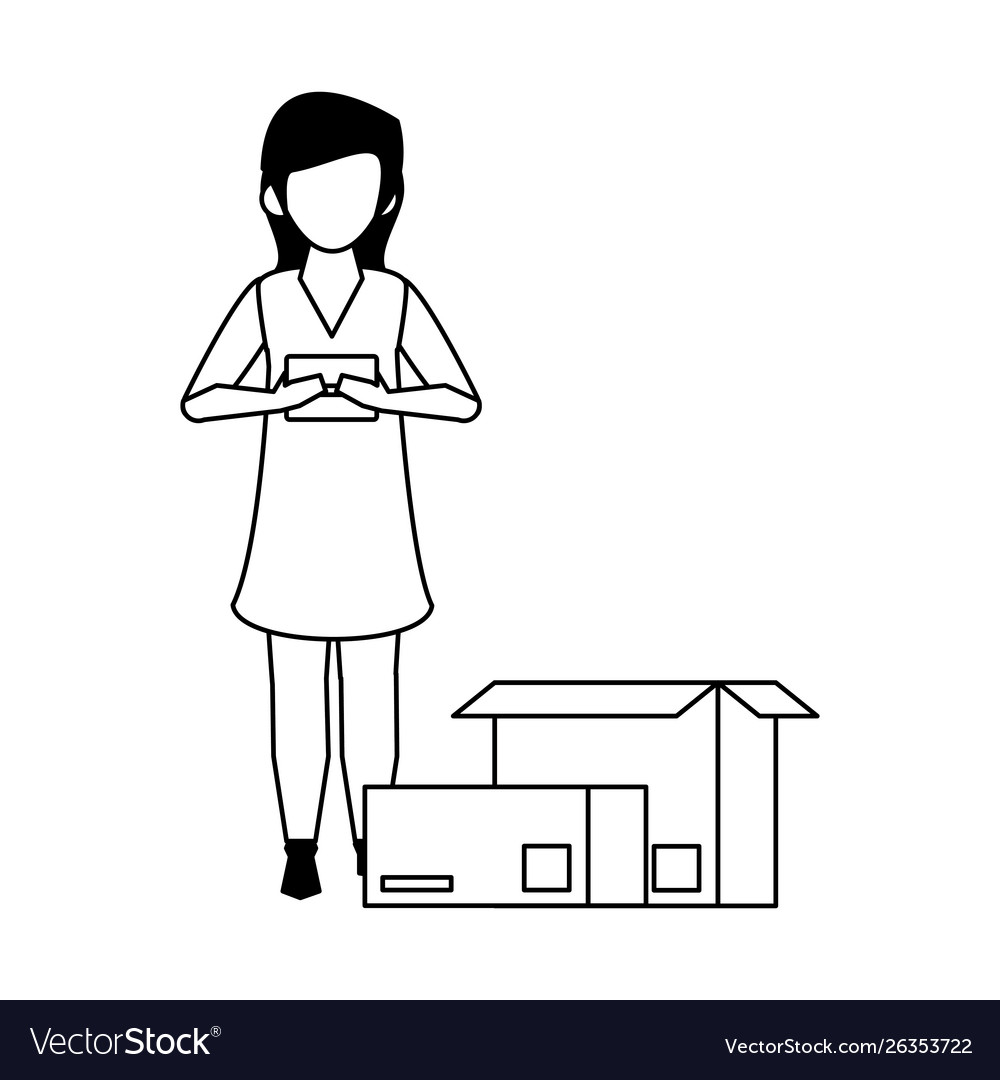 Woman using smartphone technology cartoon in black