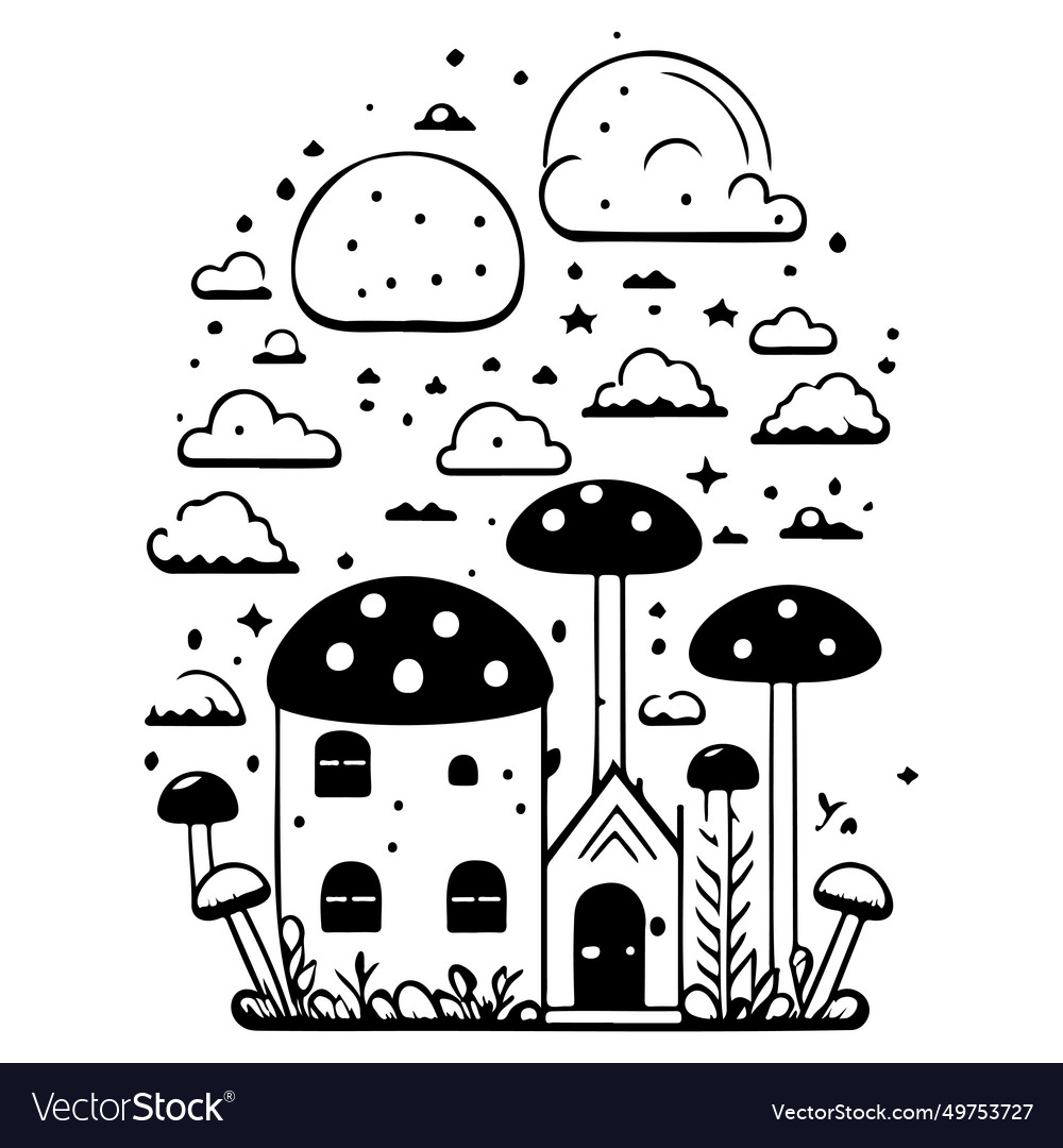 Doodle house mushroom sketch hand draw black Vector Image