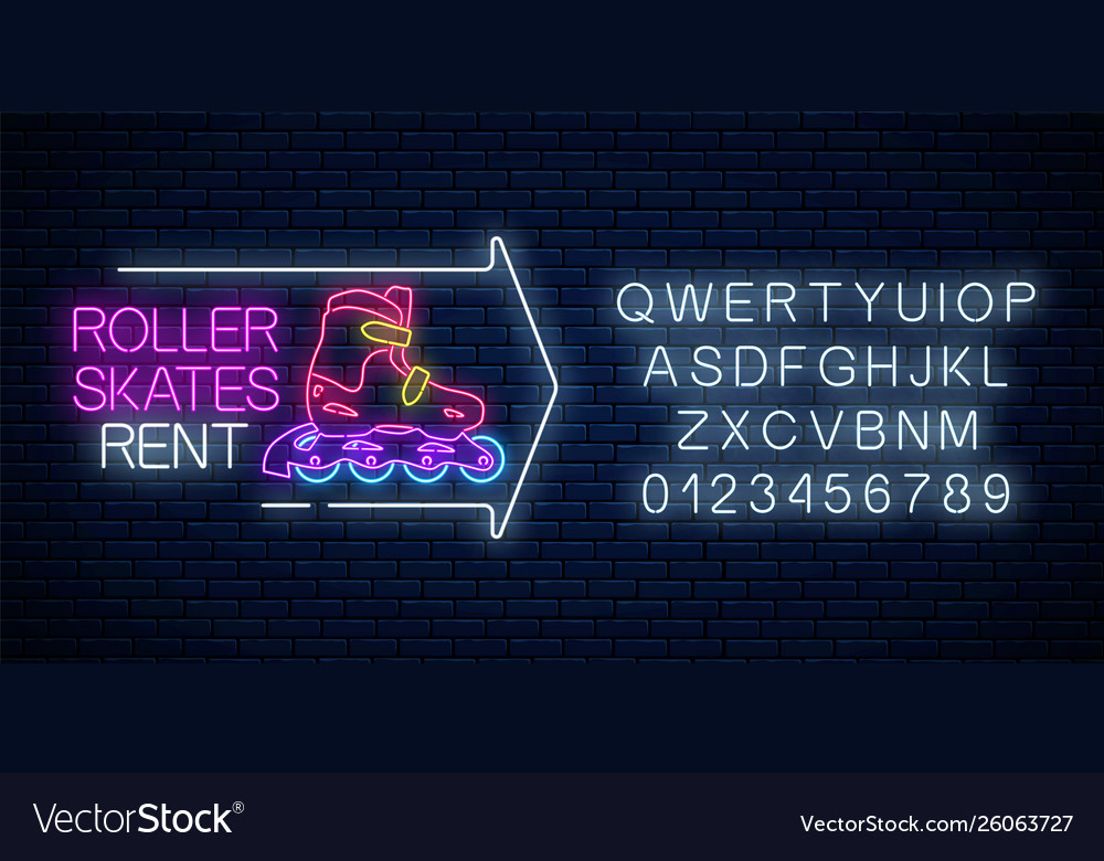 Roller skates rent glowing neon sign with guide