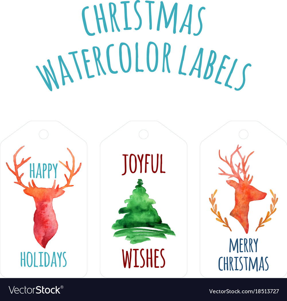 watercolor christmas labels with deers and pine vector image