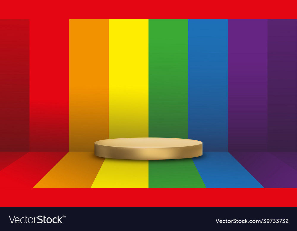 Empty wall studio room with gold podium rainbow