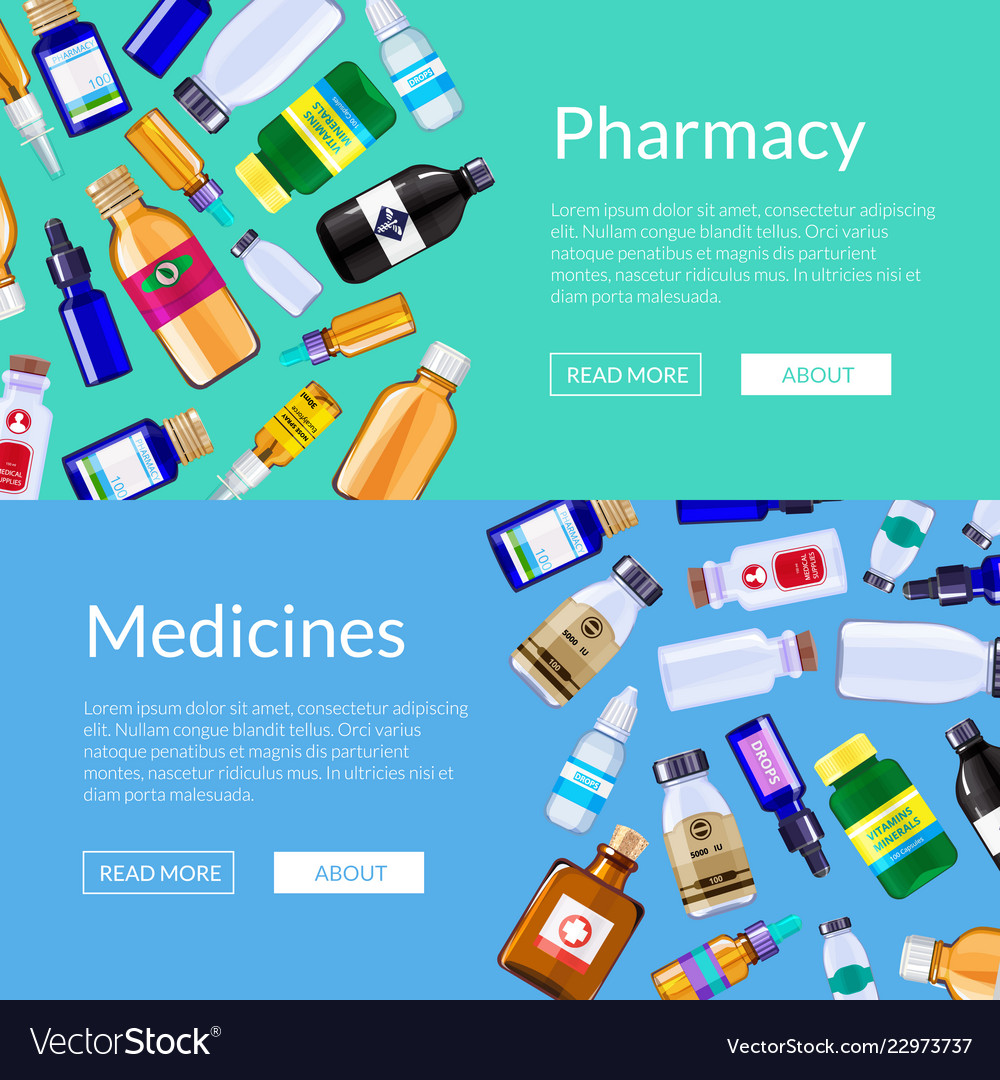 Pharmacy medicine bottles web banner Royalty Free Vector