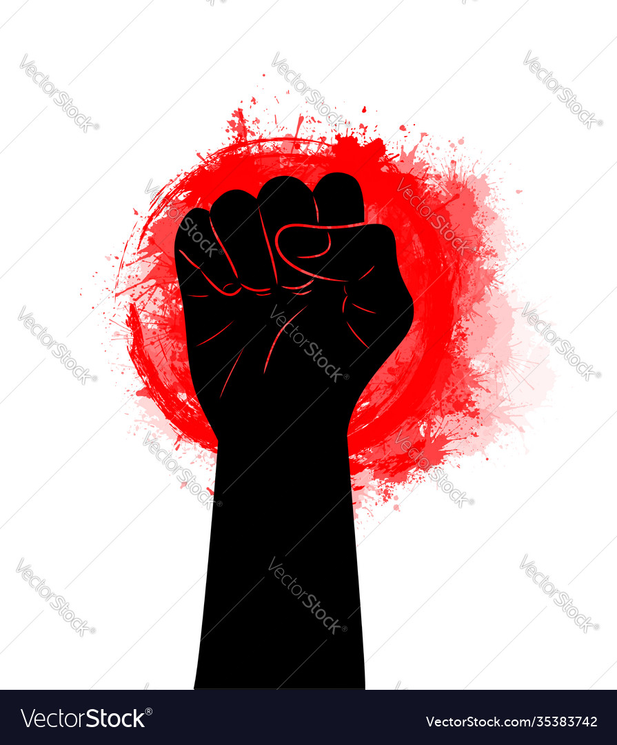 Black silhouette a fist on red grunge circle