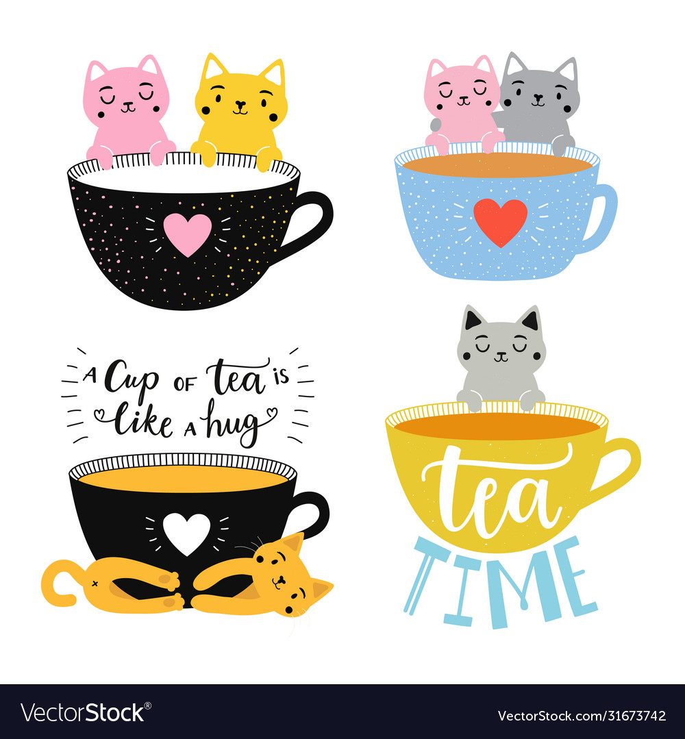 Collection with cats and tea cups a cup tea Vector Image