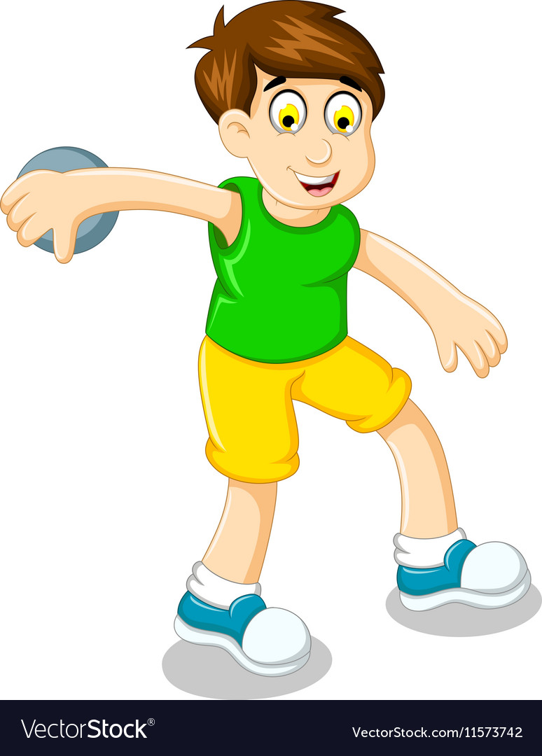 Cute boy athlete doing discus throwing Royalty Free Vector