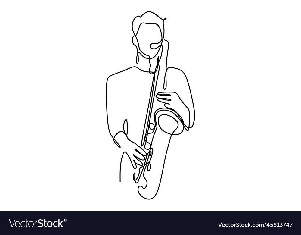 One line drawing of person with saxophone music