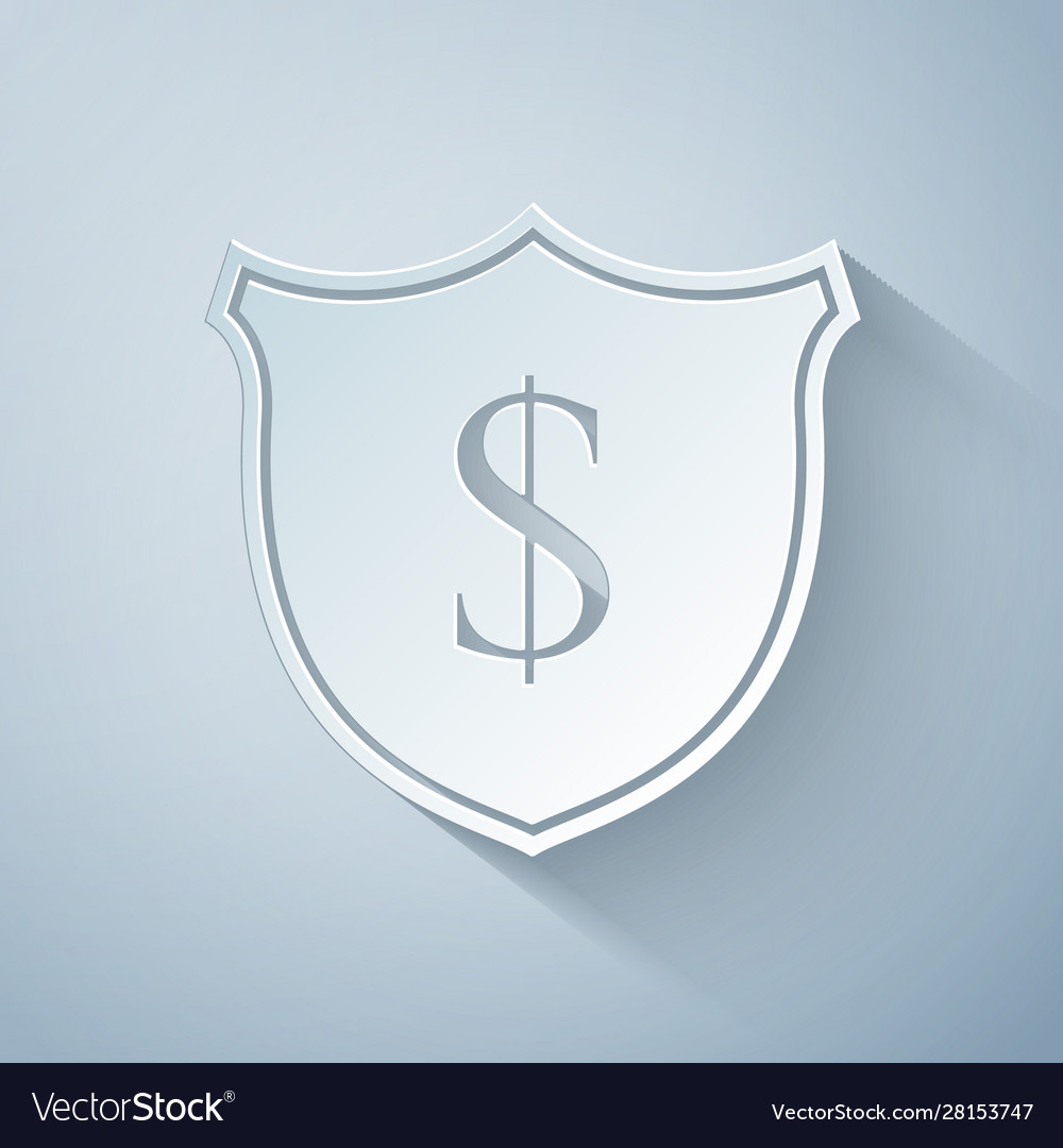 Paper cut shield and dollar icon isolated on grey