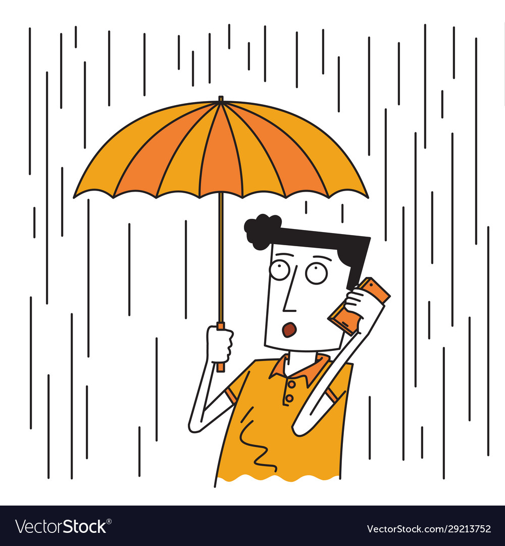 Calling man in rain under umbrella