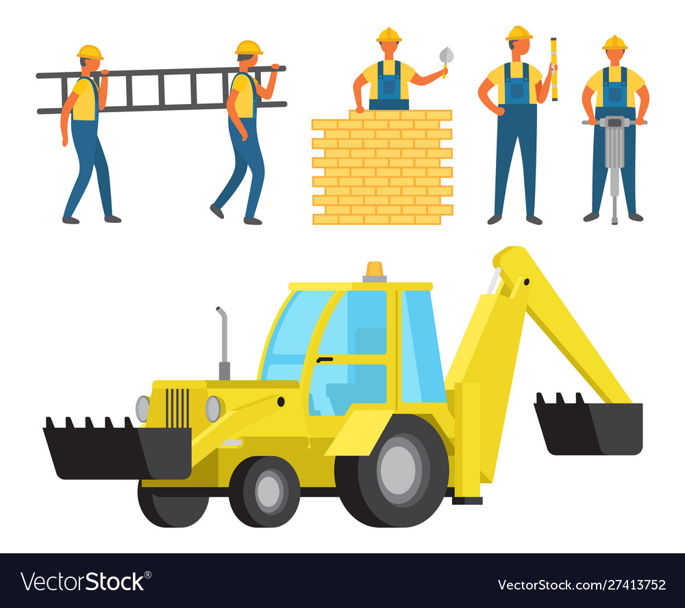 Construction workers and equipment machinery set