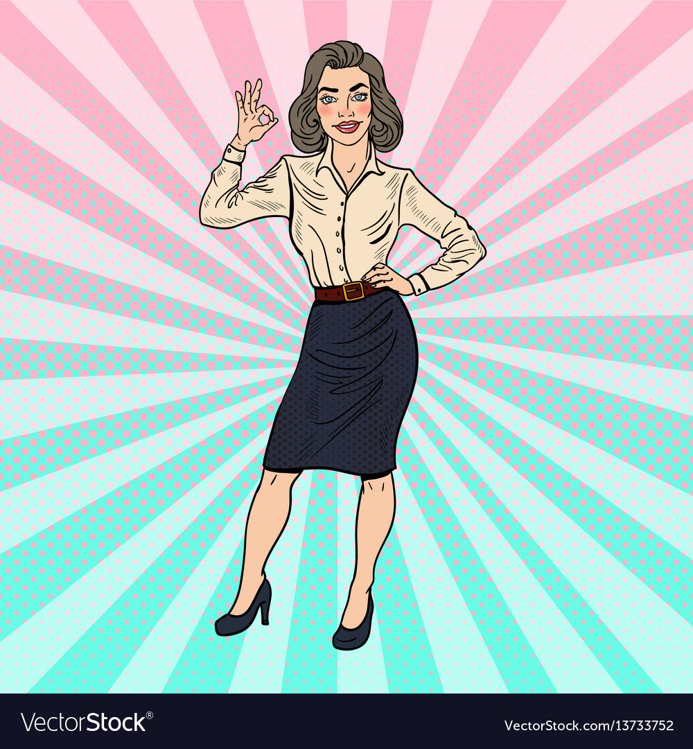 Pop art successful business woman gesturing ok Vector Image