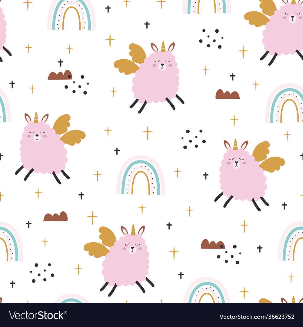 Seamless pattern with cute sheep unicorn
