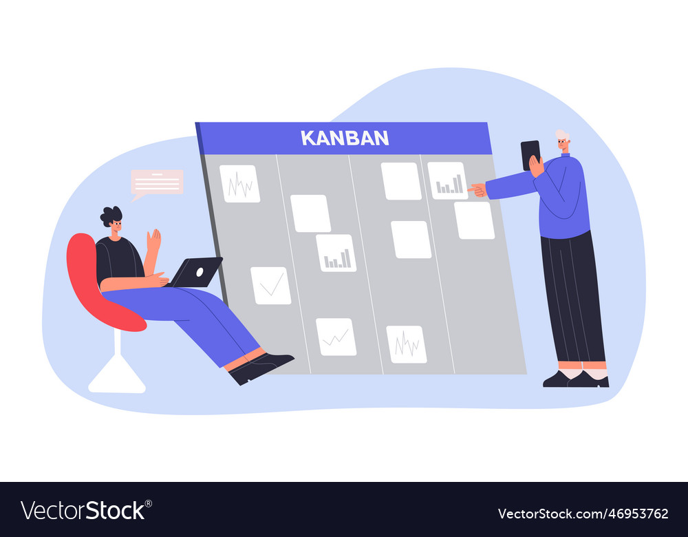 Kanban board concept cartoon two male employees Vector Image