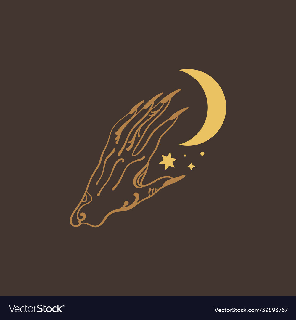 Magical witch hand arm holding crescent moon