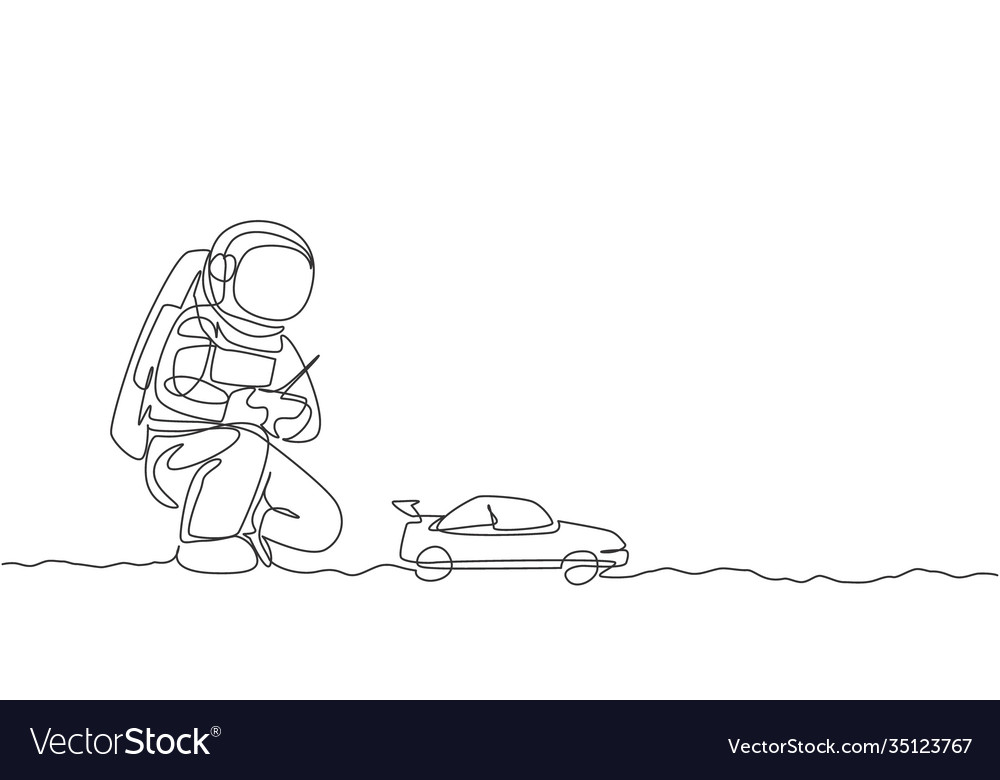 One Single Line Drawing Astronaut Playing Race Vector Image