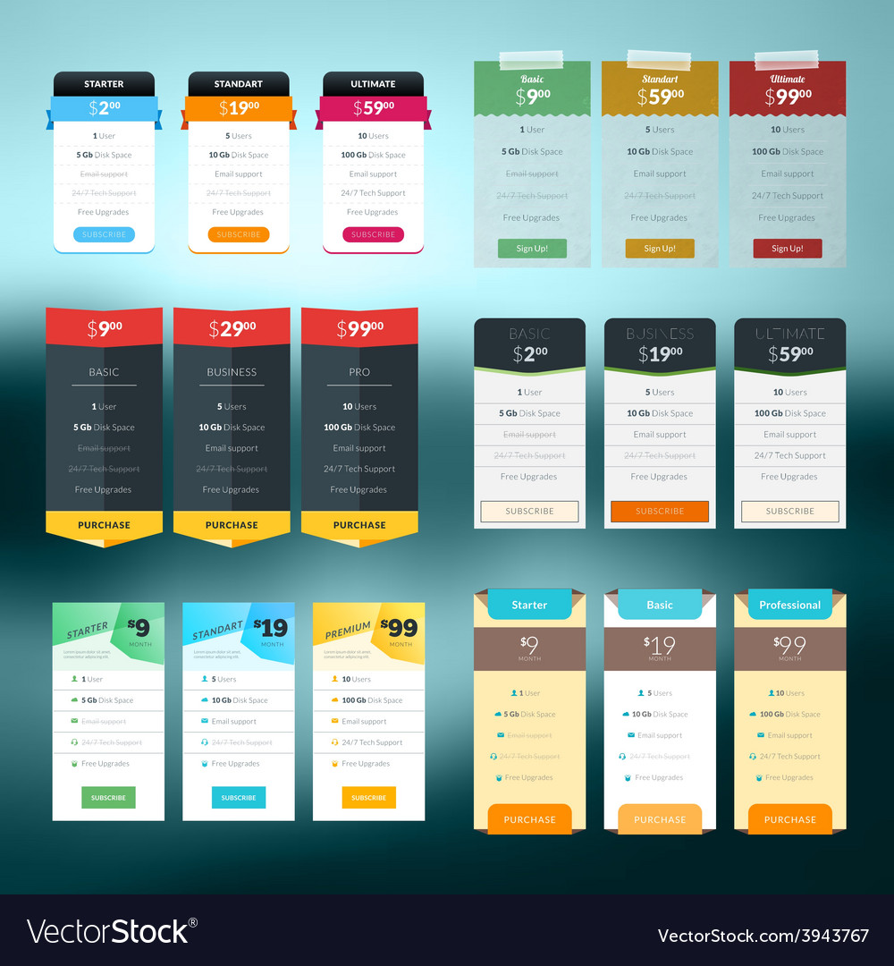 Set pricing table in flat design style