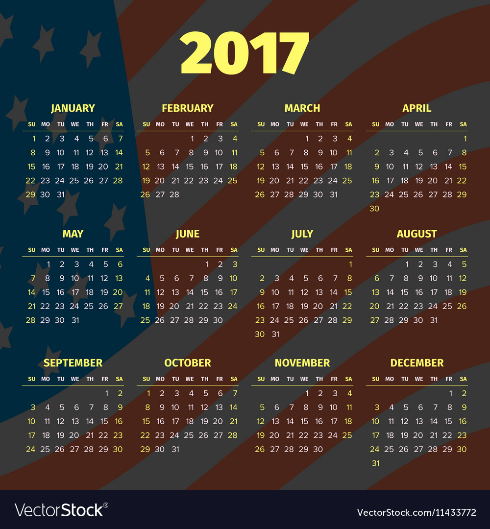 Calendar 2017 with usa flag background