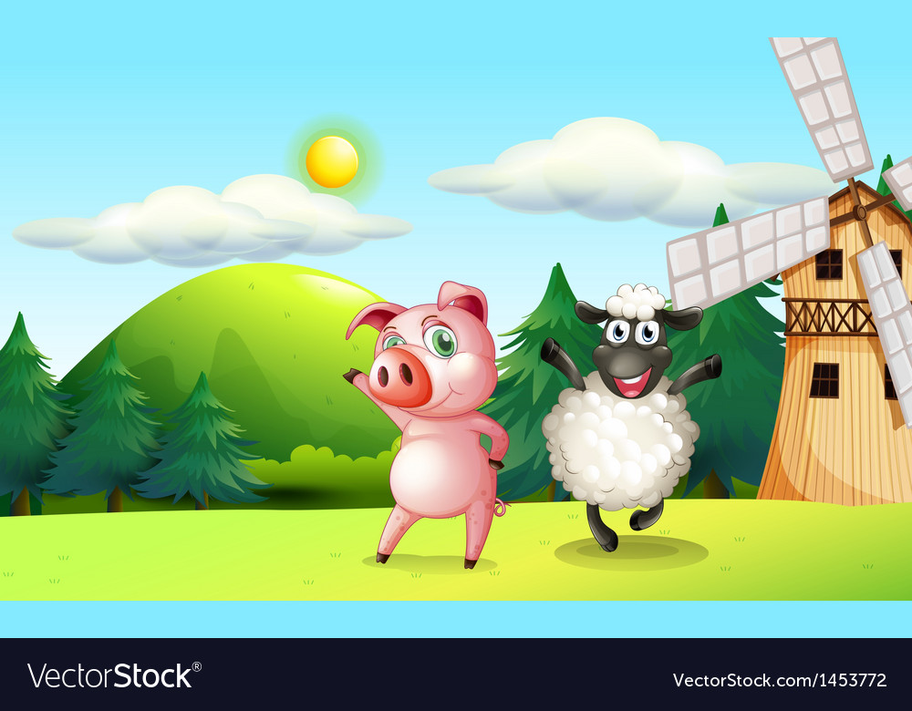 Farm animals dancing near windmill Royalty Free Vector Image