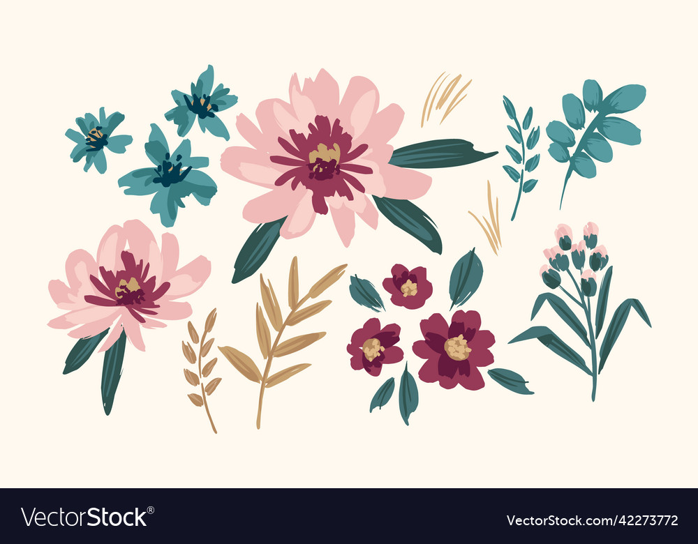 Set of floral design elements leaves flowers