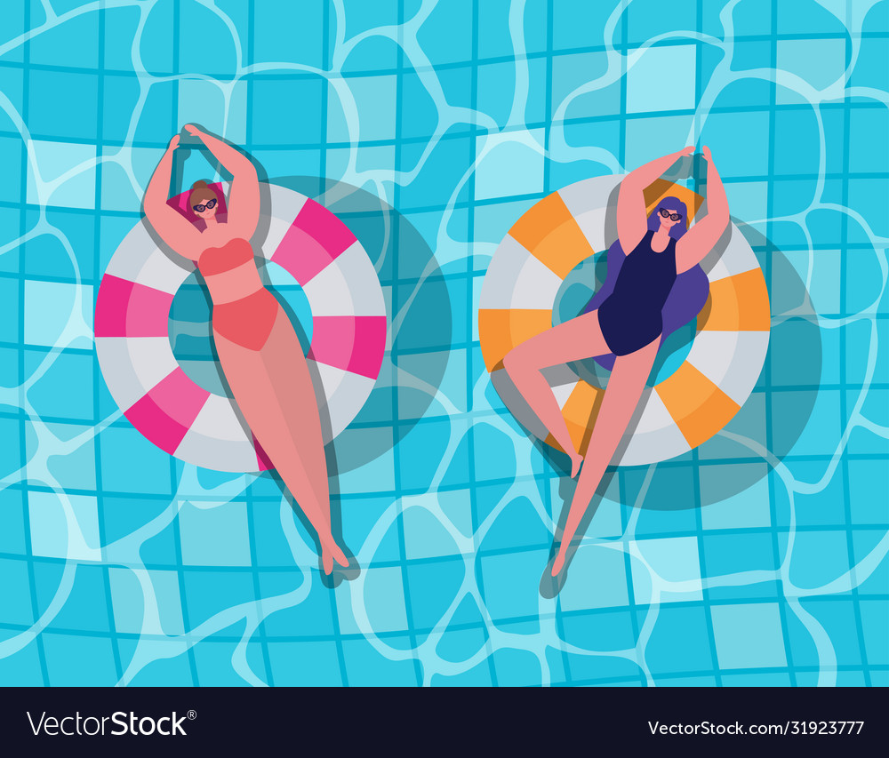 Girls cartoons on floats at pool top view Vector Image