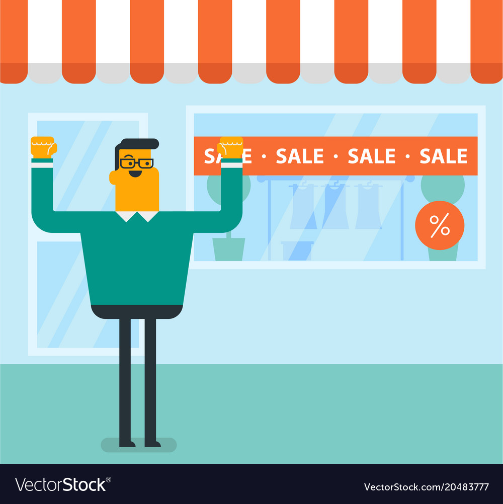 Man standing in front of shop with sale sign