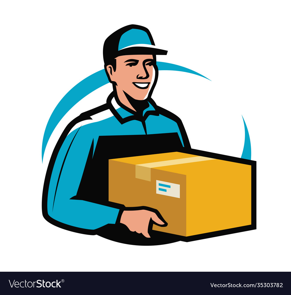 Delivery service courier holds parcel young man Vector Image