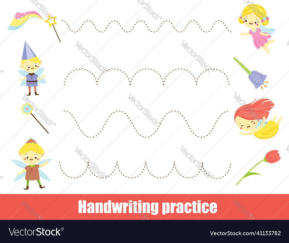 Handwriting practice sheet with cute flying fairy Vector Image