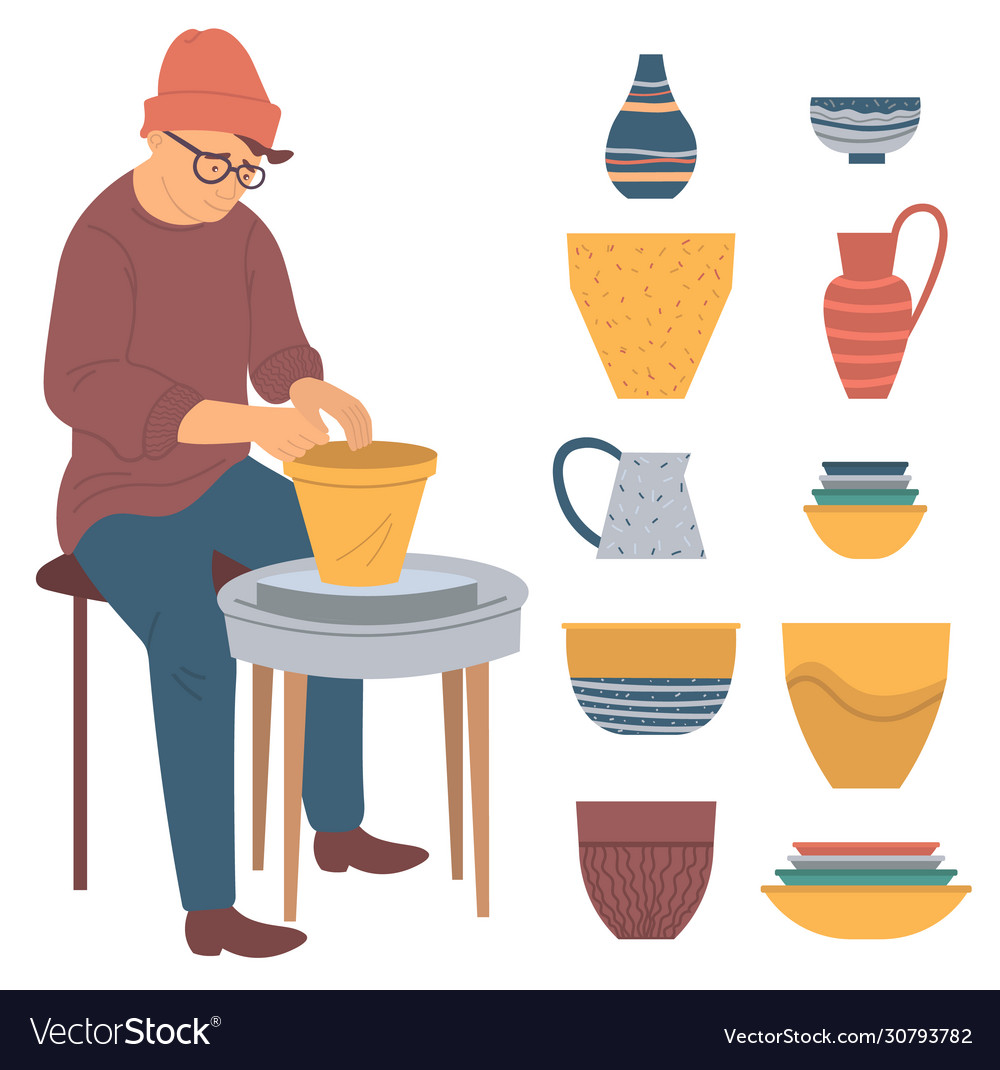 Hipster man making pots from clay pottery hobby